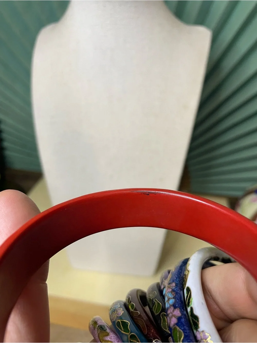 Colorful Cloisonné Stack Bracelet Lot with Cinnabar and Stone Bangle Asian